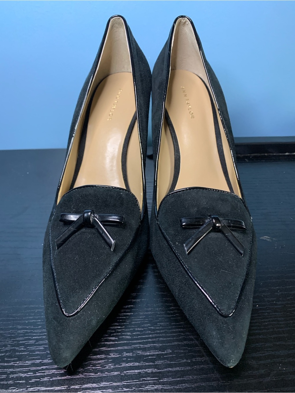 Ann Taylor Black Suede Pointed Loafers with Bow Accent